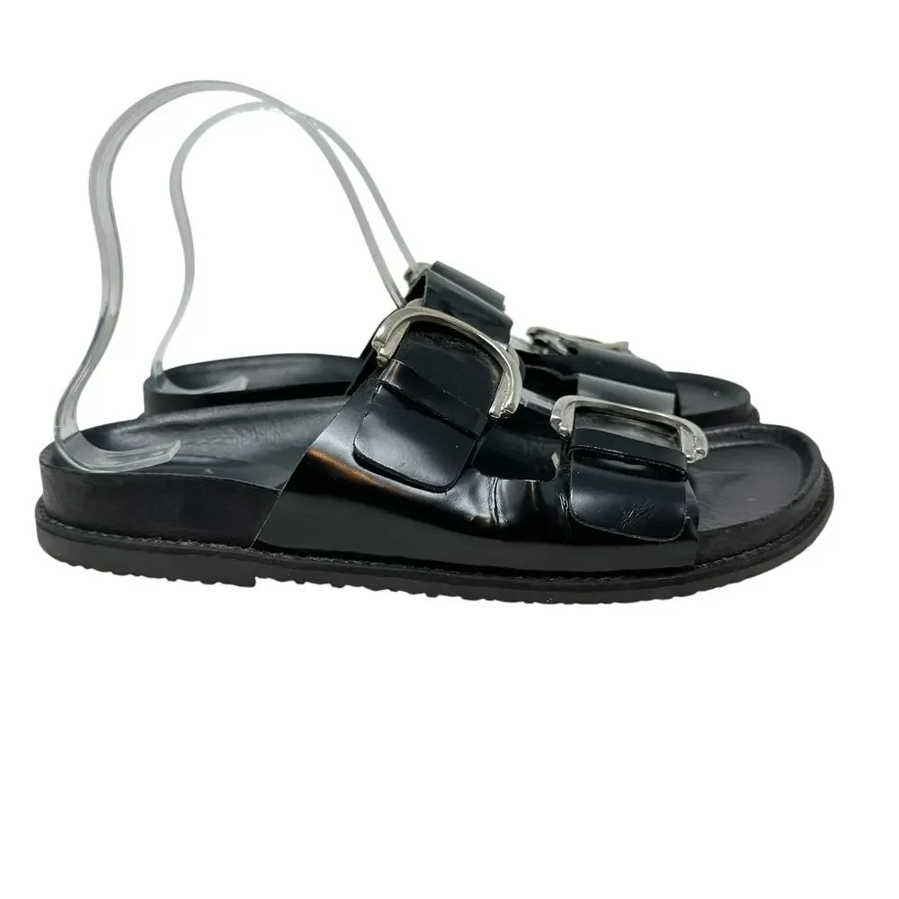 Zara Slide Sandals Buckles Double Strap Faux Leather Black Size 41 US‎ 10 - Picture 8 of 14